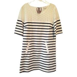 Anthropologie Postmark Jola Stripe Lace Eyelet Tunic Top Size Medium Nautical